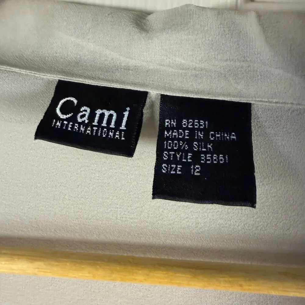 Cami International 100% Silk Blouse Size 12 Champaigne Button Front Long Sl